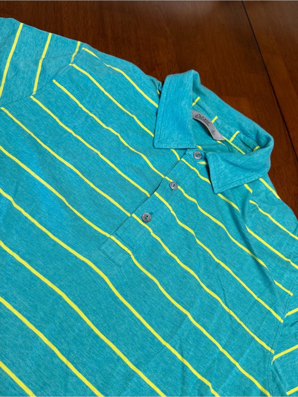 Tasc Performance Polo Shirt Mens Small Teal Yellow Striped Bamboo Short Sleeve